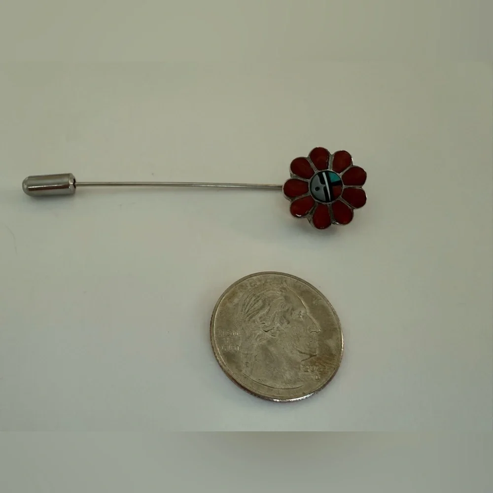 Vintage Zuni Sunface Inlay Flower Stick Pin Coral Turquoise MOP Native American - Picture 9 of 10